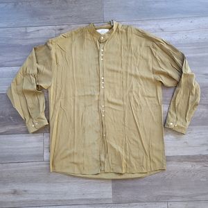 Vintage Policy Gold Rayon Blend Longsleeve Shirt Banded Collar XL 90s Hip Hop